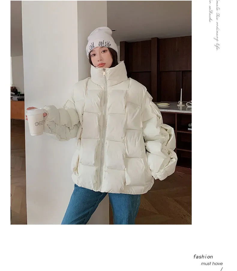 Winter Jacket for Women Three-dimensional Plaid Woven Fashion Coat Solid High Street Warm and Thick 2023 Winter New Down Jacket