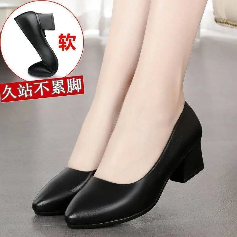Spring Work Shoes Black Professional Women High Heels Shoes Pumps Low-heeled Leather Office Career Formal Women Shoes