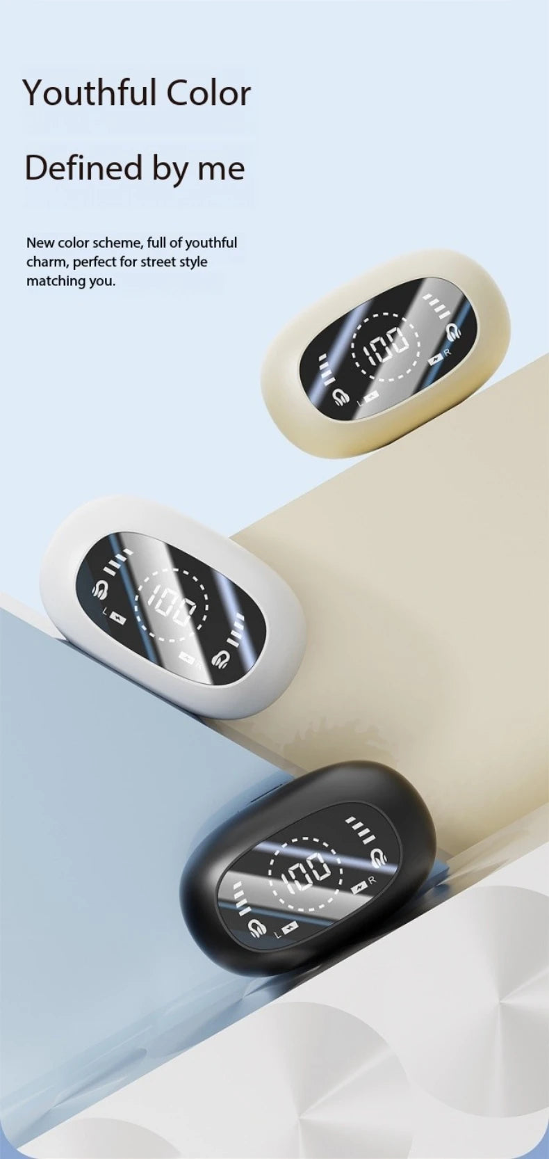 New Mirror Surface Digital Display Soft Silicone Ear Clip Wireless Bluetooth Headphones with Noise Reduction, High-Definition, Lossless for Sports