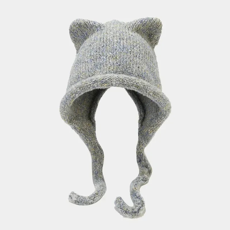 Winter Hat For Women Men Skullies Beanies Solid Color Korean Cute Cat Ear Warm Wool Ear Protection Knit Pullover Strap Cap Y2K