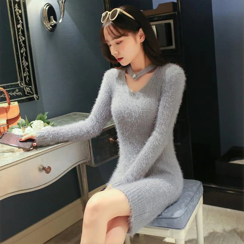 Women's Autumn Winter y2k Dresses Casual Korean Fashion Clothing Slim Mini Sweater Dress White Black Knitted Bodycon Vestidos