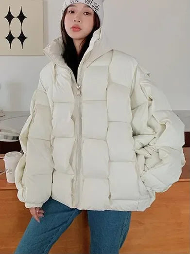 Winter Jacket for Women Three-dimensional Plaid Woven Fashion Coat Solid High Street Warm and Thick 2023 Winter New Down Jacket