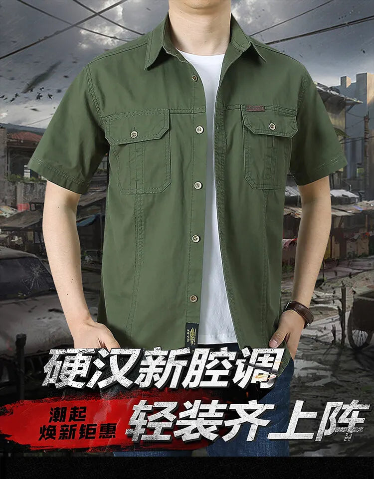 2023 Men Cargo Shirt Casual 100% Cotton Solid Short Sleeve Multi Pocket Work Blouses Loose Plus Size 5XL Business Men Clothing