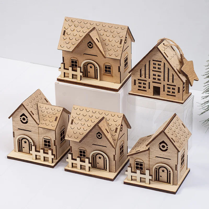 Christmas Led Light Wooden House Village Decorations Glowing Cabin Ornament Xmas House Desktop Ornament Holiday Home Decor