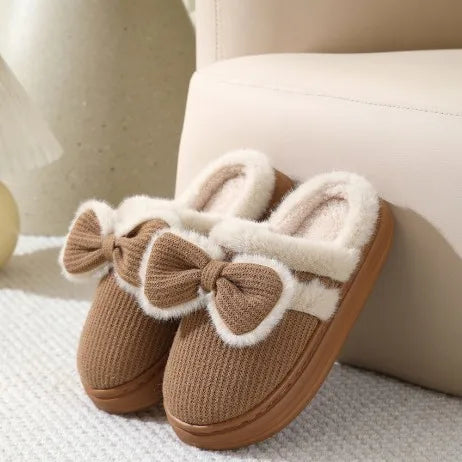 2025 Winter Women's Warm Slippers - Cute Bow Non-Slip Plush House Shoes, Thick Sole Fuzzy Indoor Bedroom Slippers for Home