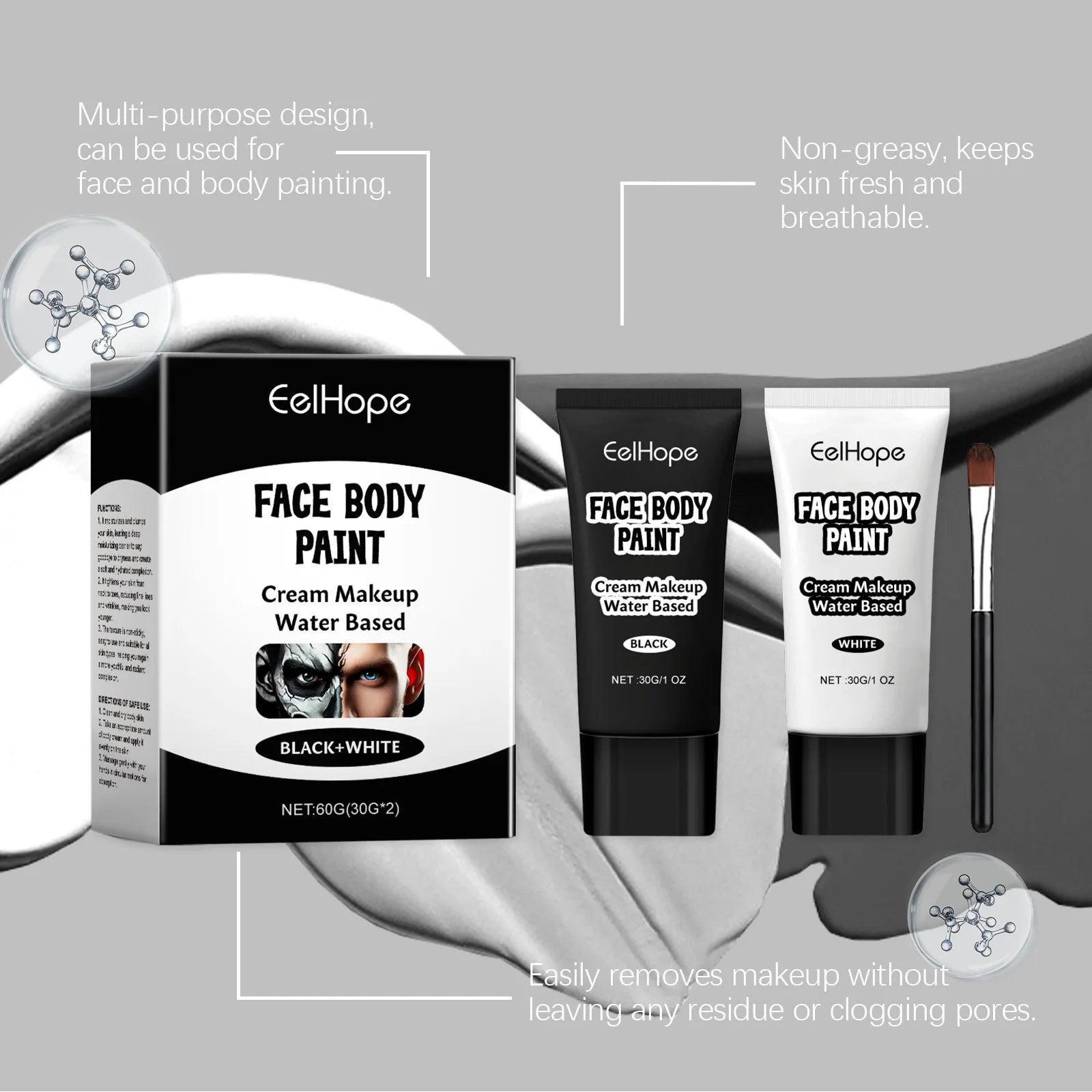 Halloween Face Painting Kit Highly Pigmented Face Body Brus Paint Black and White for DIY Cosplay Theme Parties Body Makeup