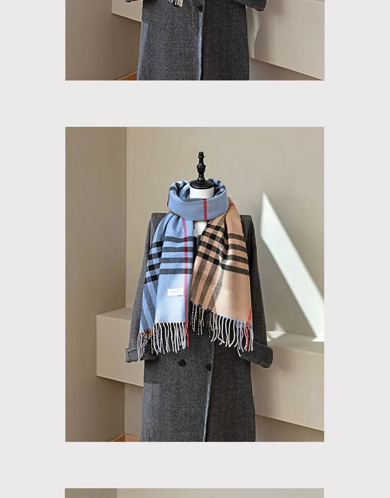 Autumn and Winter New Arrival Tassel Long Scarf Striped Fashion Cowl Neck Warm Fuzzy Color Block Wrap