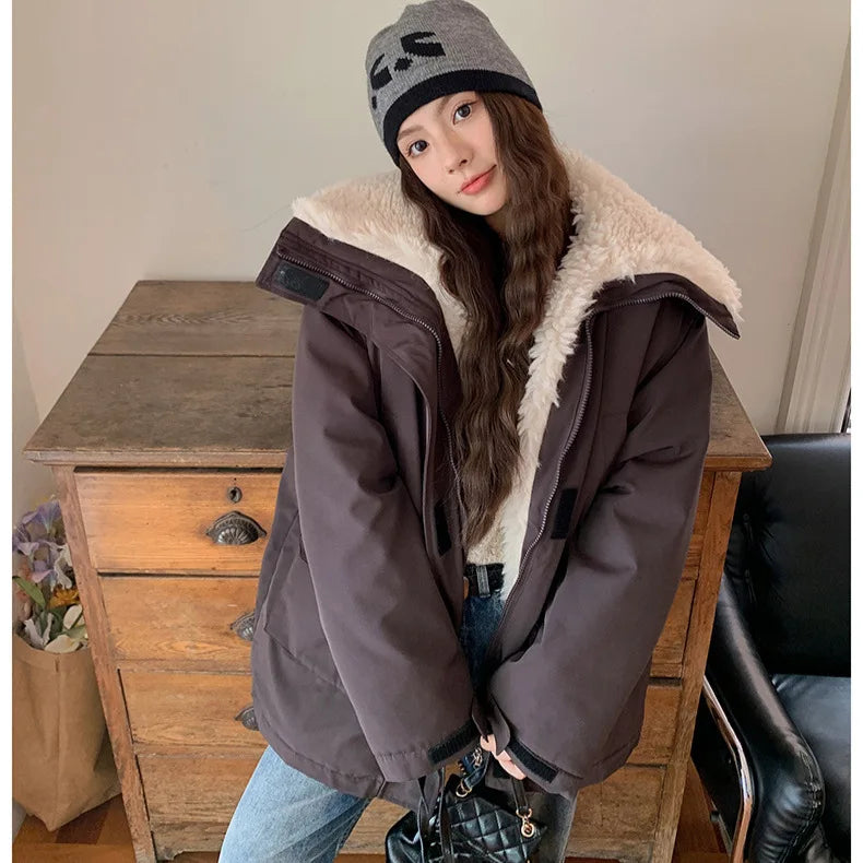Women Parkas Short Coats Jackets Turn Down Collar Thick Warm Y2k Streetwear Elegant Jacket Work Coat Autumn Winter 2025