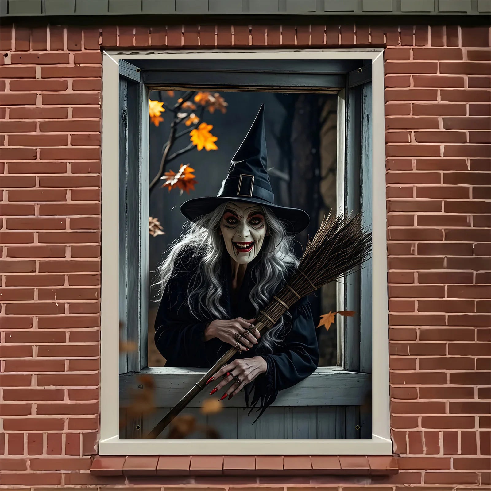 Halloween party, eerie witch window decoration with black cats and brooms, haunted house garden theme