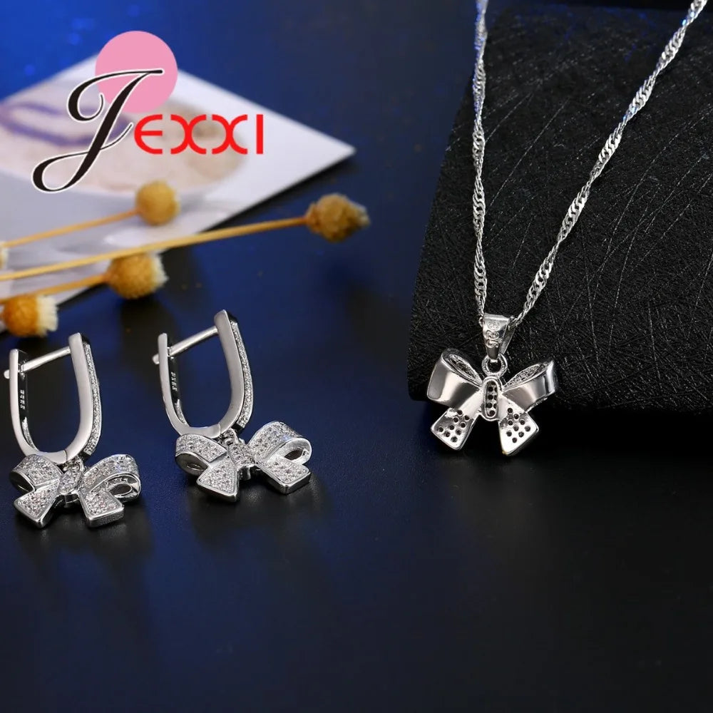 Classic Women Tow Tie Jewelry Sets Full Rhinestone Zircon Statement Necklace Earrings 925 Sterling Silver Set Accessory