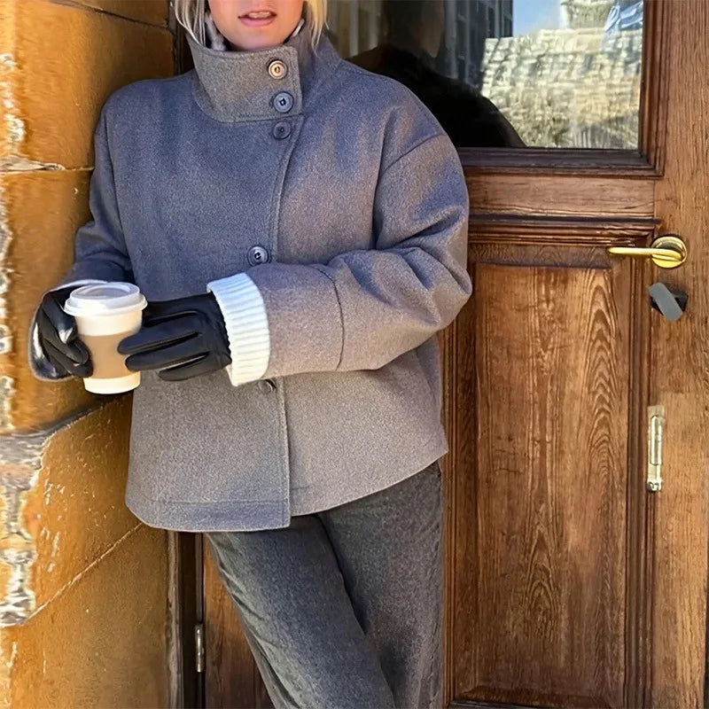 2025 Fall and Winter Women's Jacket Elegant Stand Collar Single Breasted Buttoned Loose Coat Woolen Solid Women Coat Outwears