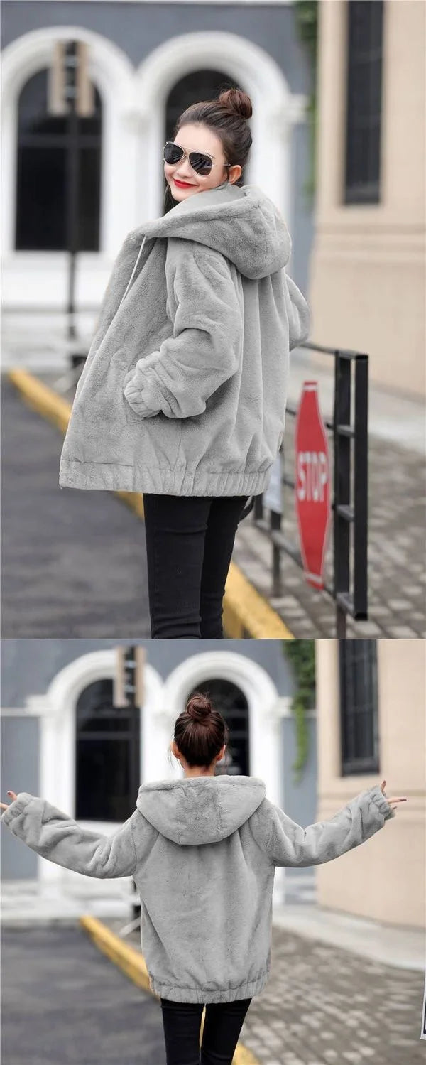 Women's Flannel Hooded Coat - Mid-Length Plush Jacket, Winter Fleece-Lined Warm Outerwear