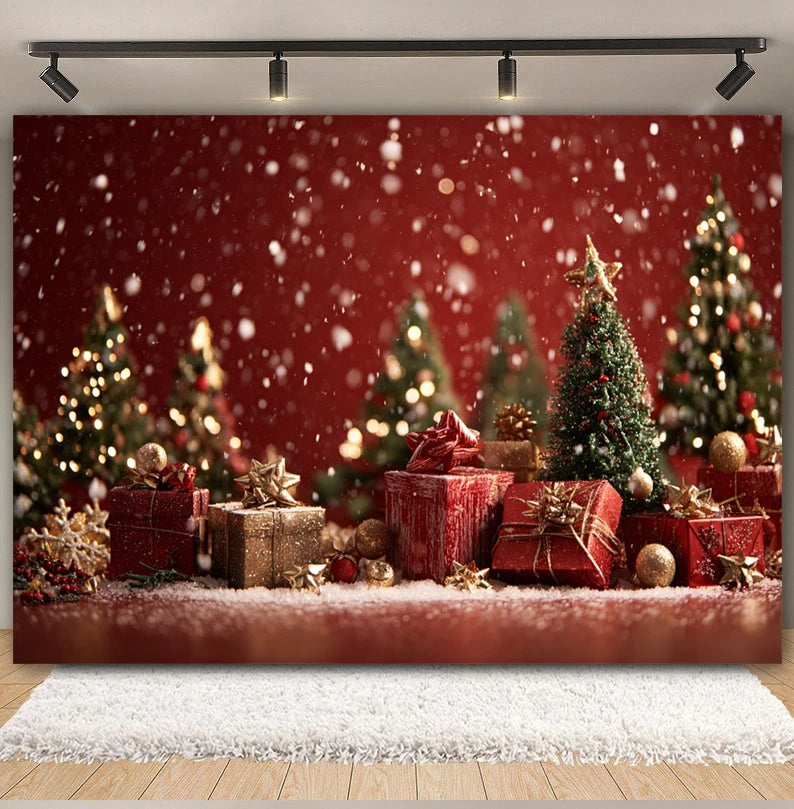 Christmas Day Decor Backdrop for Photography Xmas Tree Red Room Wall Glitter Gift Family Holiday Portrait Decor Photo Background