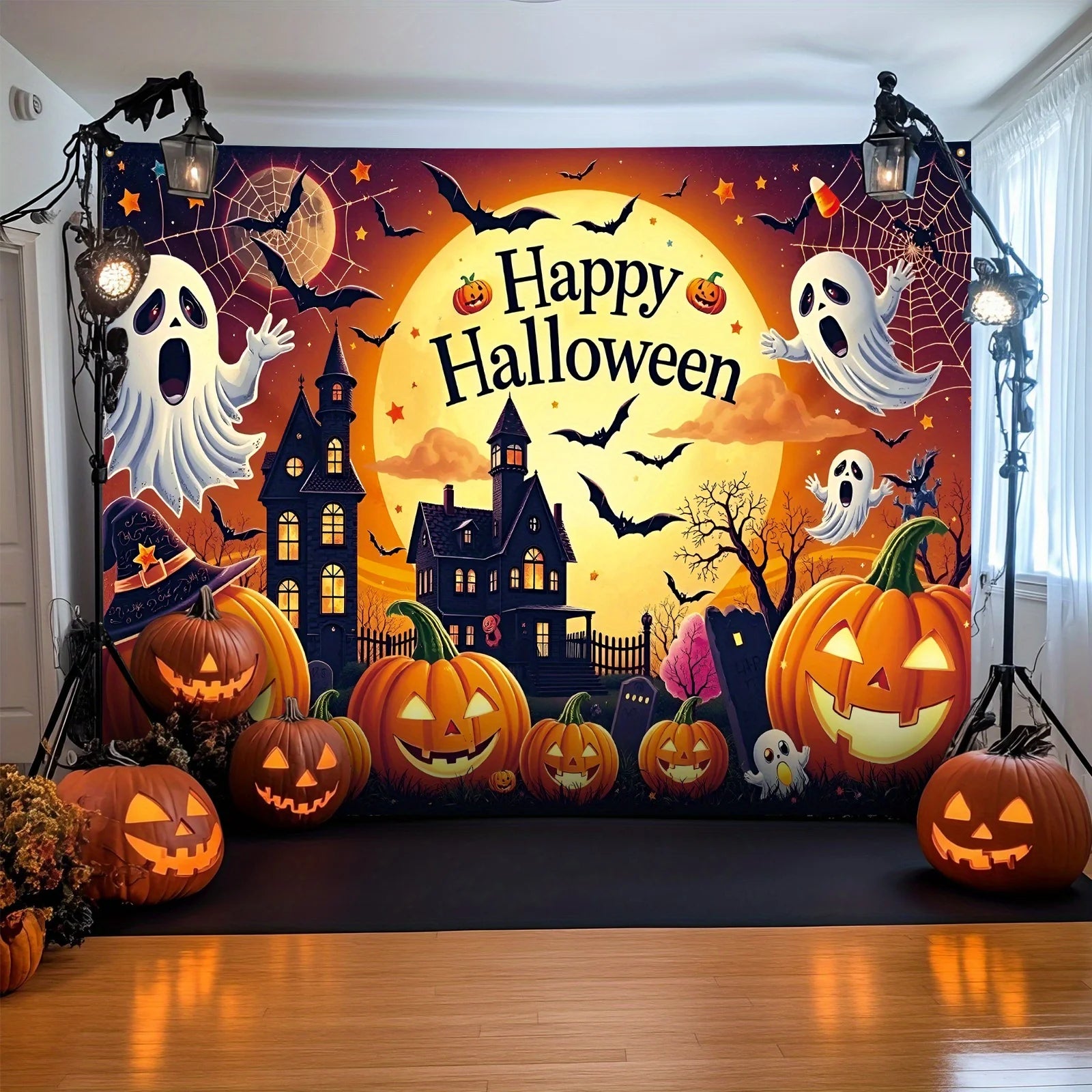 Halloween Happy background banner, Ghost castle pumpkin ghost, carnival, festival, celebration event, party decoration