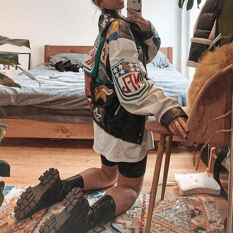 New Women's Baseball Jacket Spring Autumn Fashion Long Sleeve Motorcycle Jacket Female Y2k Printed Casual Loose Outerwear Coat