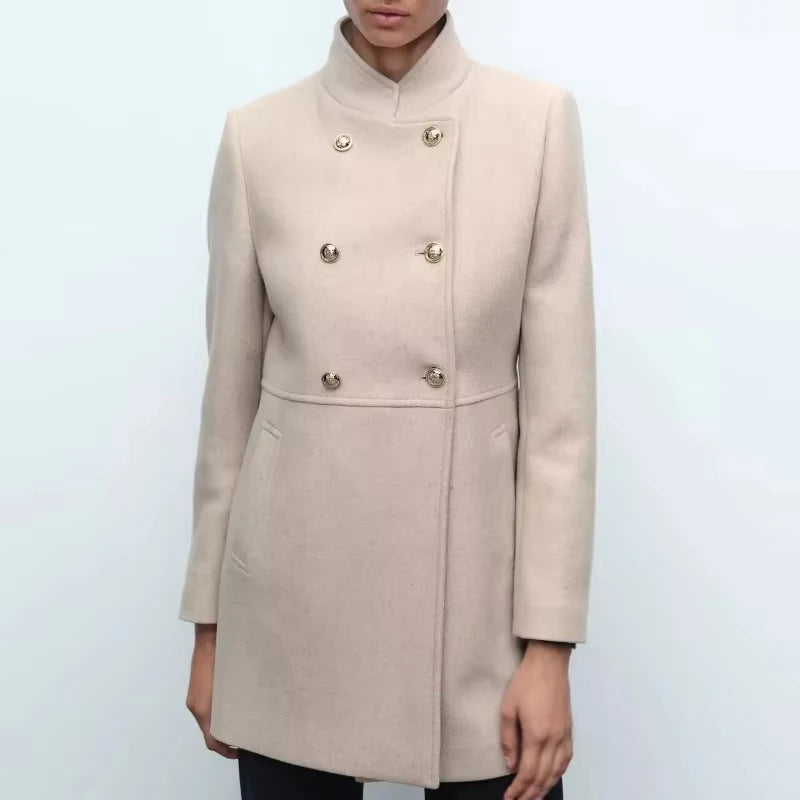 Winter Coat For Women 2024 Solid Lapel Double Breasted Long Cardigan Top Female Pokcet Streetwear Woman New In OuterCoat