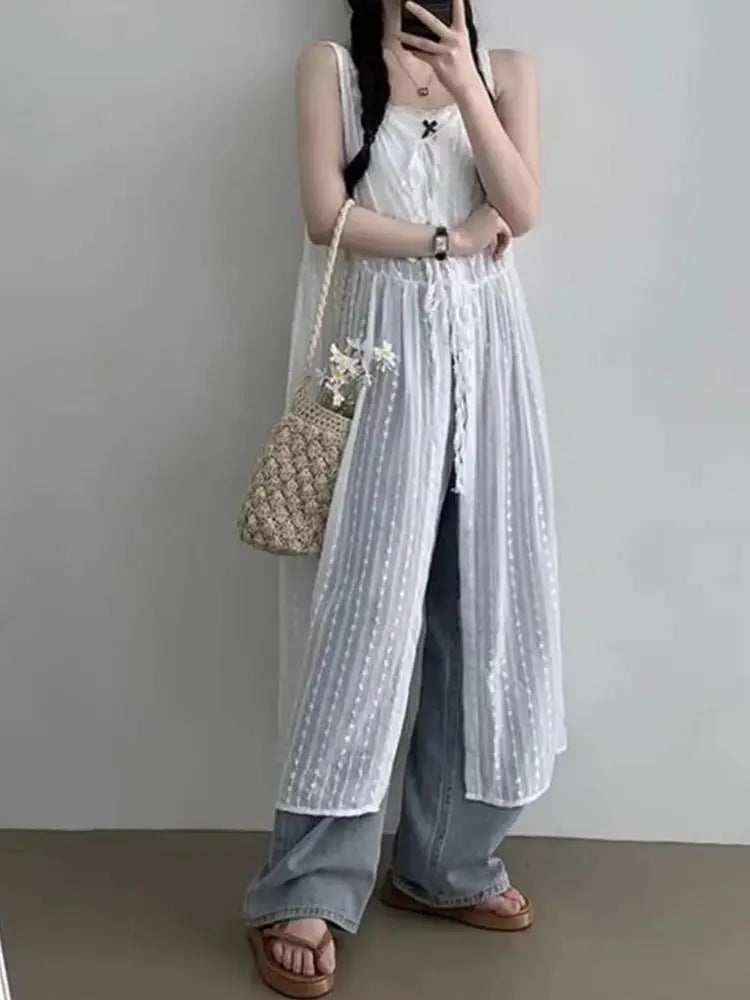 Embroidered Dress for Women in Summer Thin Lace up Layered Vest Long Cover Skirt