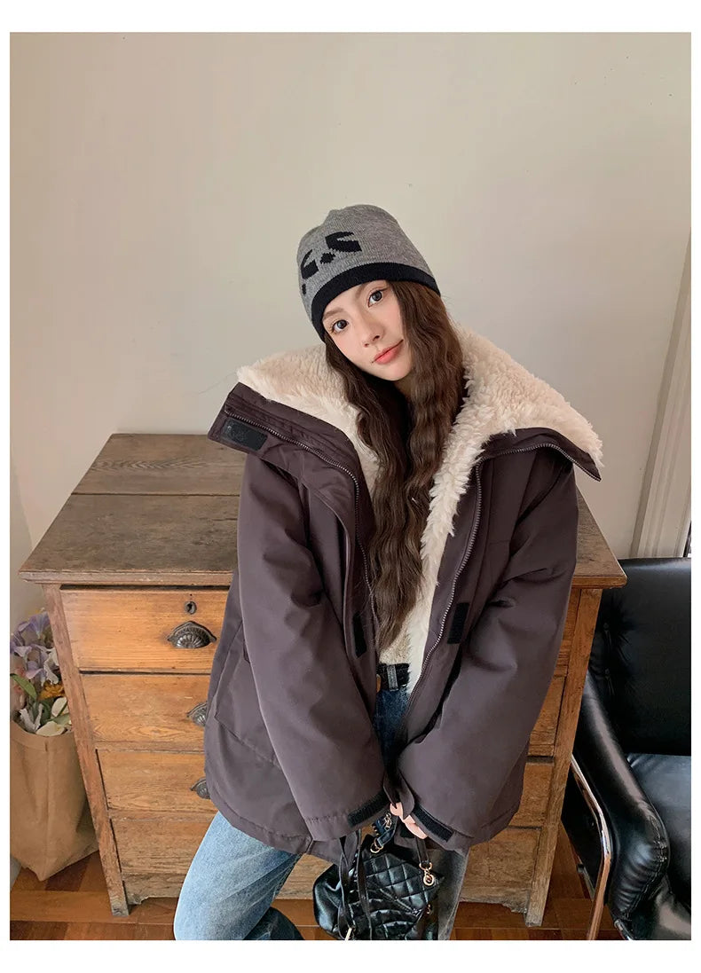 Women Parkas Short Coats Jackets Turn Down Collar Thick Warm Y2k Streetwear Elegant Jacket Work Coat Autumn Winter 2025