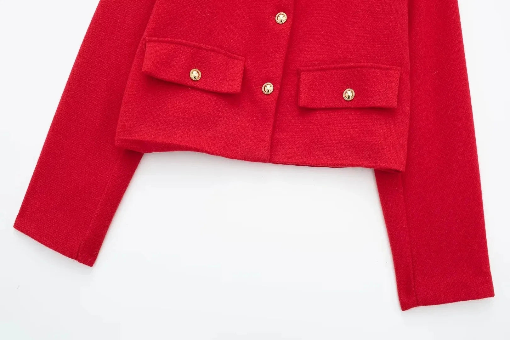 Women Elegant Cropped Jacket 2025 Women's Fashion Jacket O-Neck Long Sleeved Flip Pocket Coat Female Casual Outwear Tops