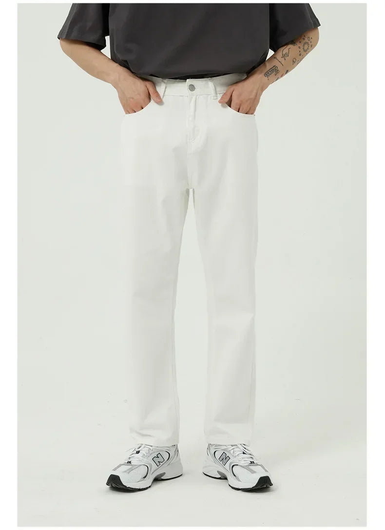 Business Men Jeans Casual Straight Stretch Pants Black and White Basic Fashion Classic Simple Work Denim Trousers Male Clothing