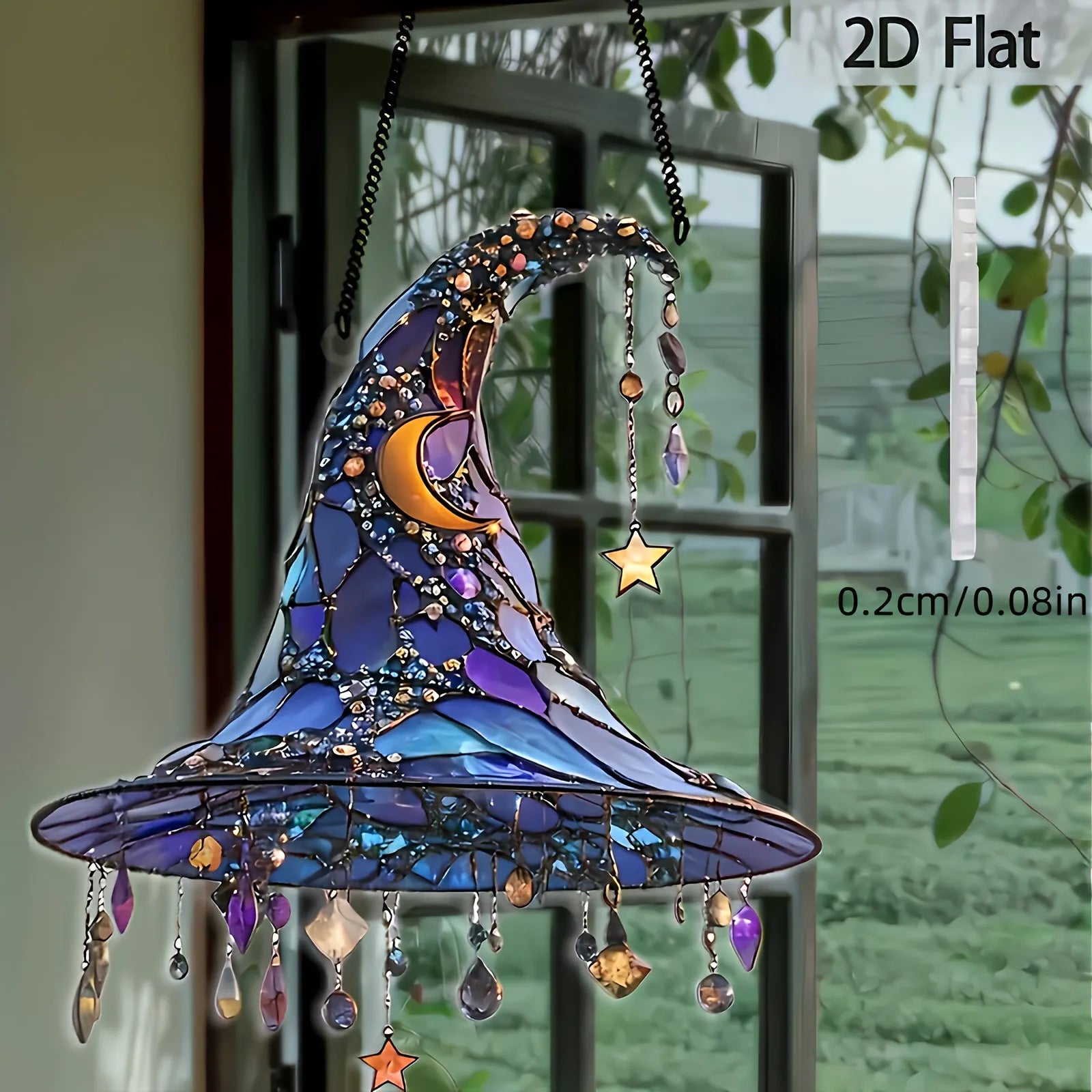 ‌Halloween Witch Hat Ornament Blue Acrylic Hanging Decor Glow in the Dark Party Supplies Moon Star Charm Spooky Home Decoration