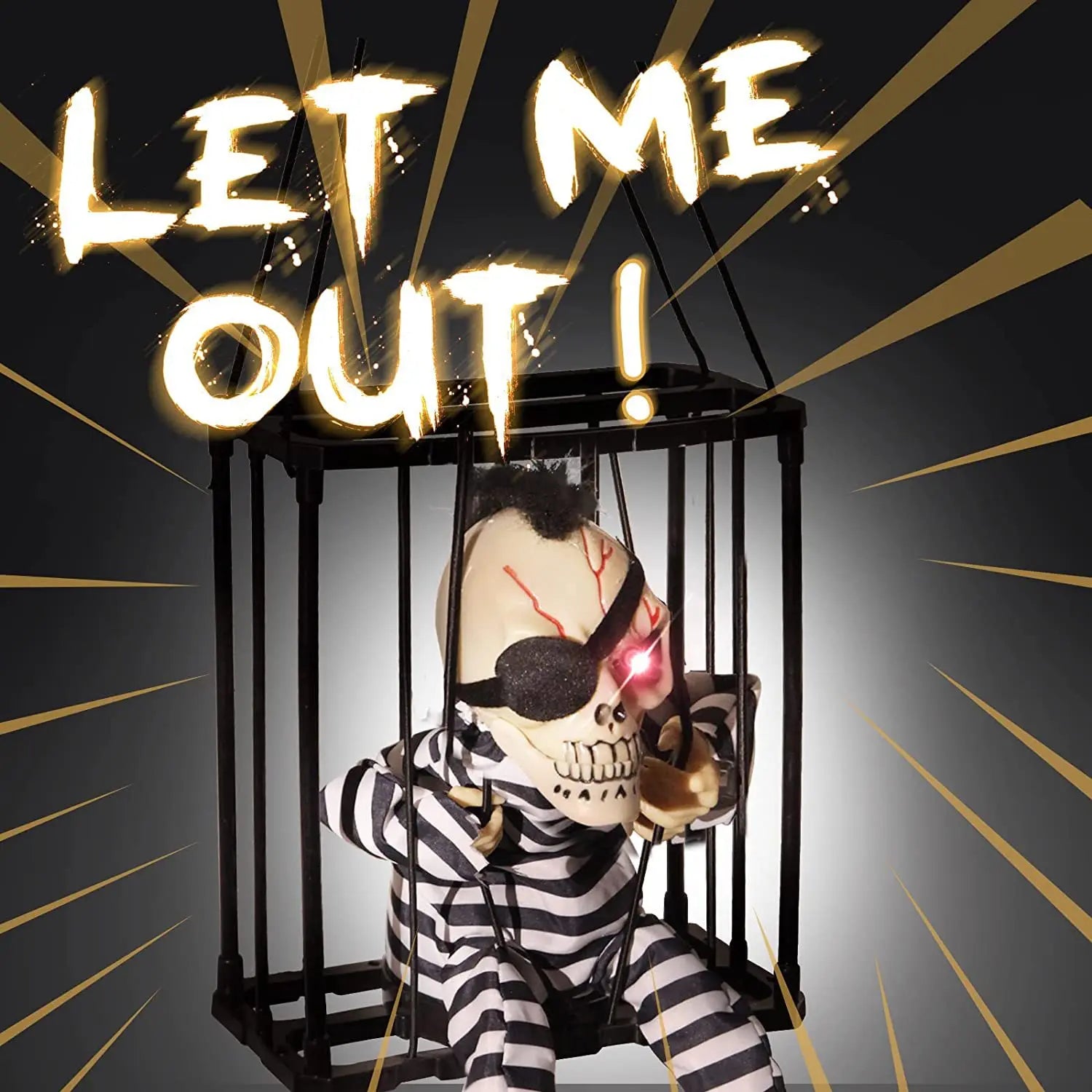 Halloween Decoration Prisoner Ghost In Cage Scary Skull Prop Electric Skeleton Toy Glowing Eye Sound Doll Hangable Talking Ghost