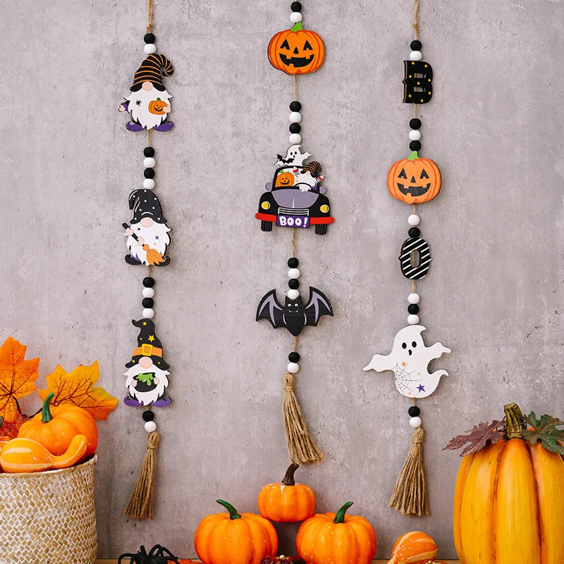 Halloween Wooden Hanging Decorative Ghost Festival Atmosphere Decorations Beaded Witch Pumpkin Bat Pendant Home Party Supplies