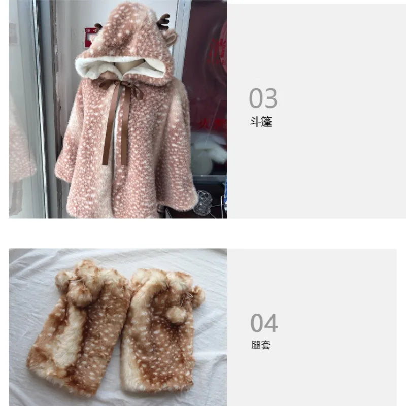 Winter Women's Japanese Plush Cute Printed Deer Dot Christmas Cloak Thickened Kawaii Deer Windproof Elk Shawl Jacket