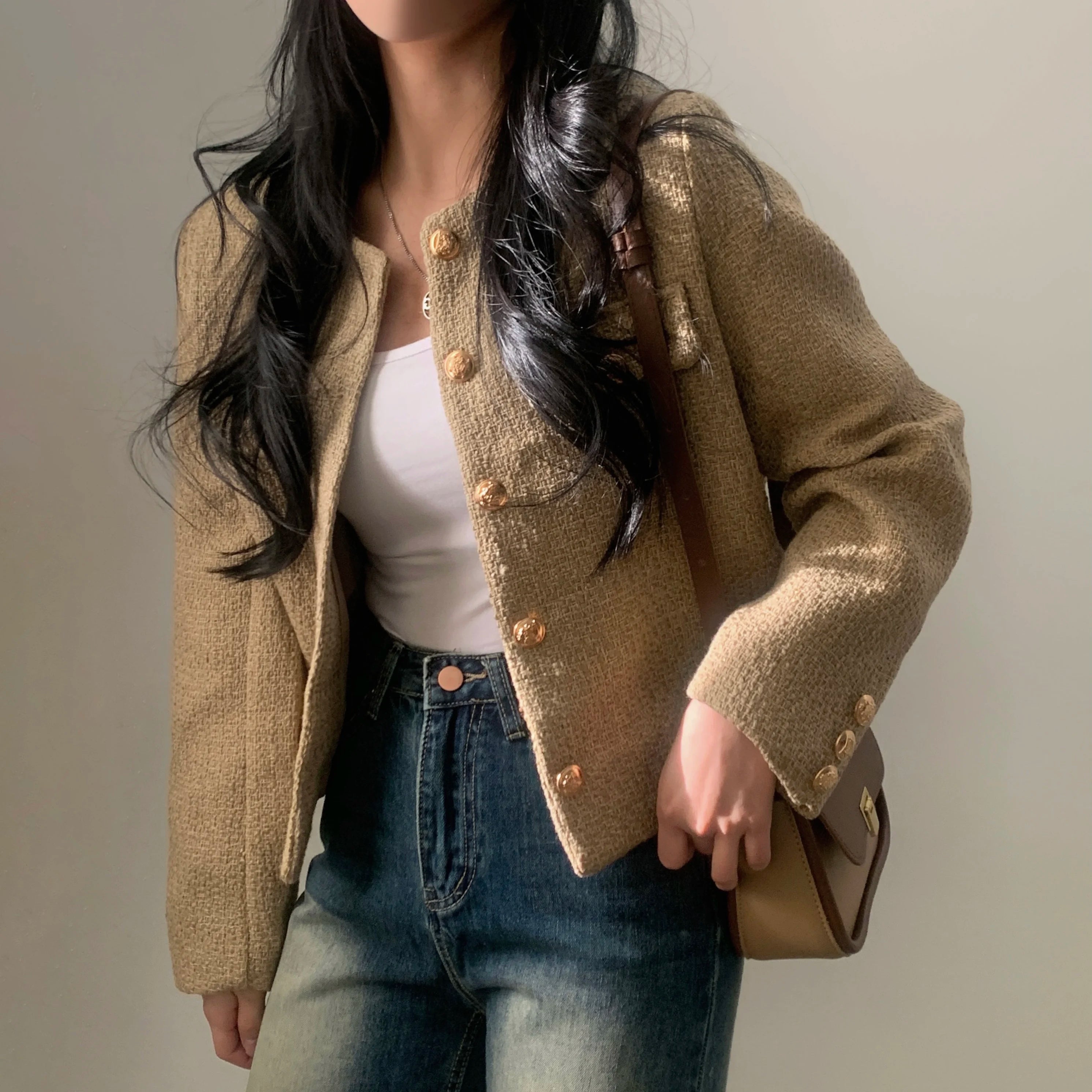 Women Jacket 2025 Autumn Winter Wool Tweed Coat Fashion High-end Gold Button Short Slim Coats Solid Korean Temperament Tops