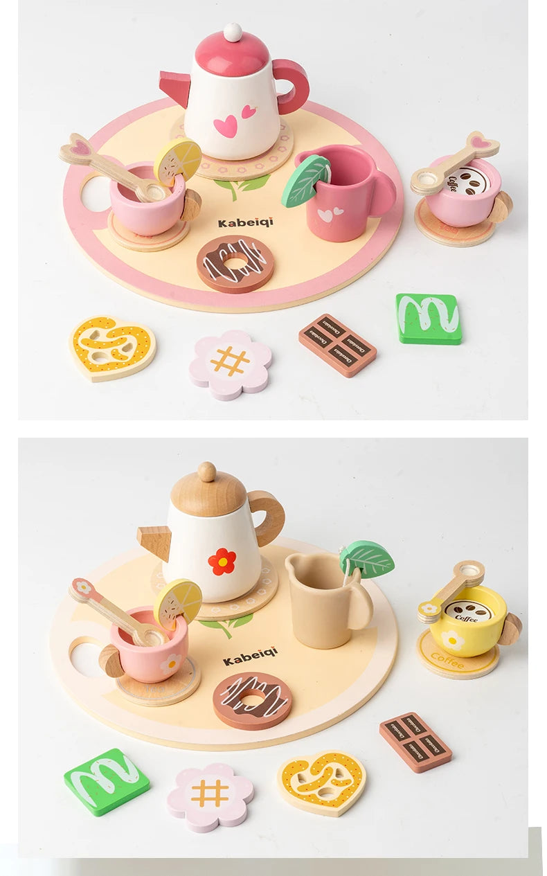 Wooden Kitchen Play Toys Kitchen Simulation Tea Set Afternoon Tea Activity Games Pretend Play Kitchen Accessories Toy for Kids