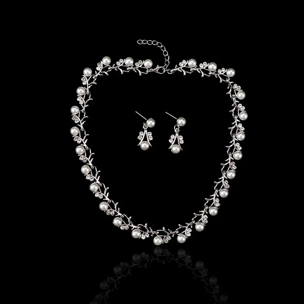 Day Gift Bridal Leaf Clavicle Chain Rhinestone Collar Choker Crystal Necklace Earrings Bracelet Set Wedding Jewelry Pearl