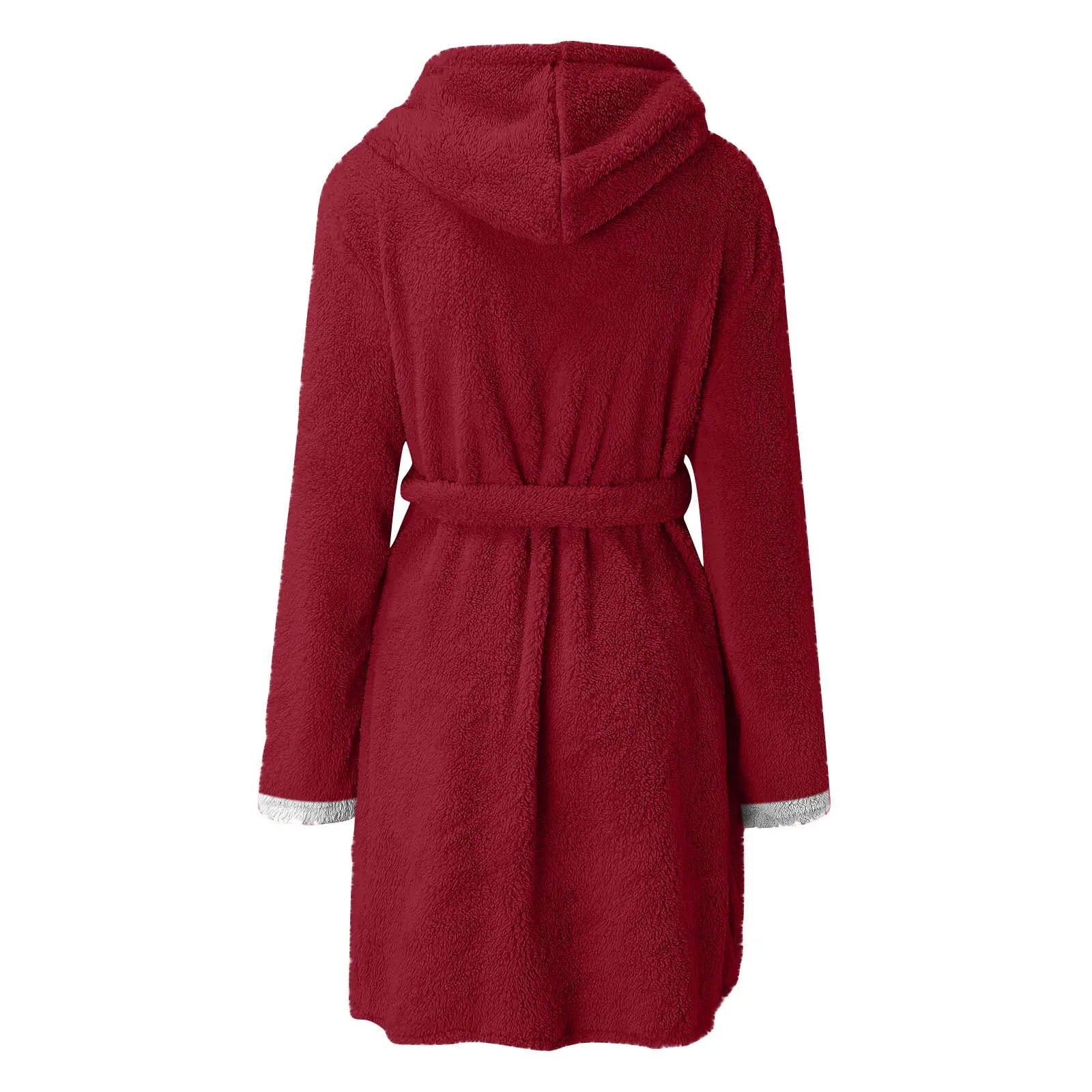 Women's Winter Casual Plush Robe Solid Color Matching Double Pocket Strappy Nightgown Fuzzy Bathrobe Coats Home Clothed Ladies