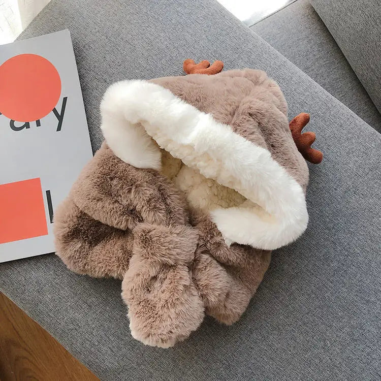 Winter Kids Hat for Boy Girl Cartoon Deer Antler Scarf One-Piece Faux Fur Baby Bonnet Thicken Infant Earflap Cute Christmas Gift