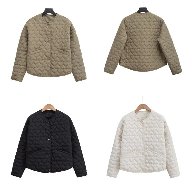 Women Heart Padded Jackets Autumn Winter Long Sleeve Round Neck Coats Solid Color Outerwear Female Warm Parkas Chic Streetwear