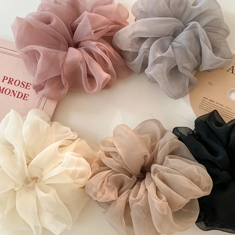 New Woman Large Solid Color Chiffon Scrunchies Elegant Women Mesh Rubber Band Black Beige Pink Ponytail Holders Hair Accessories