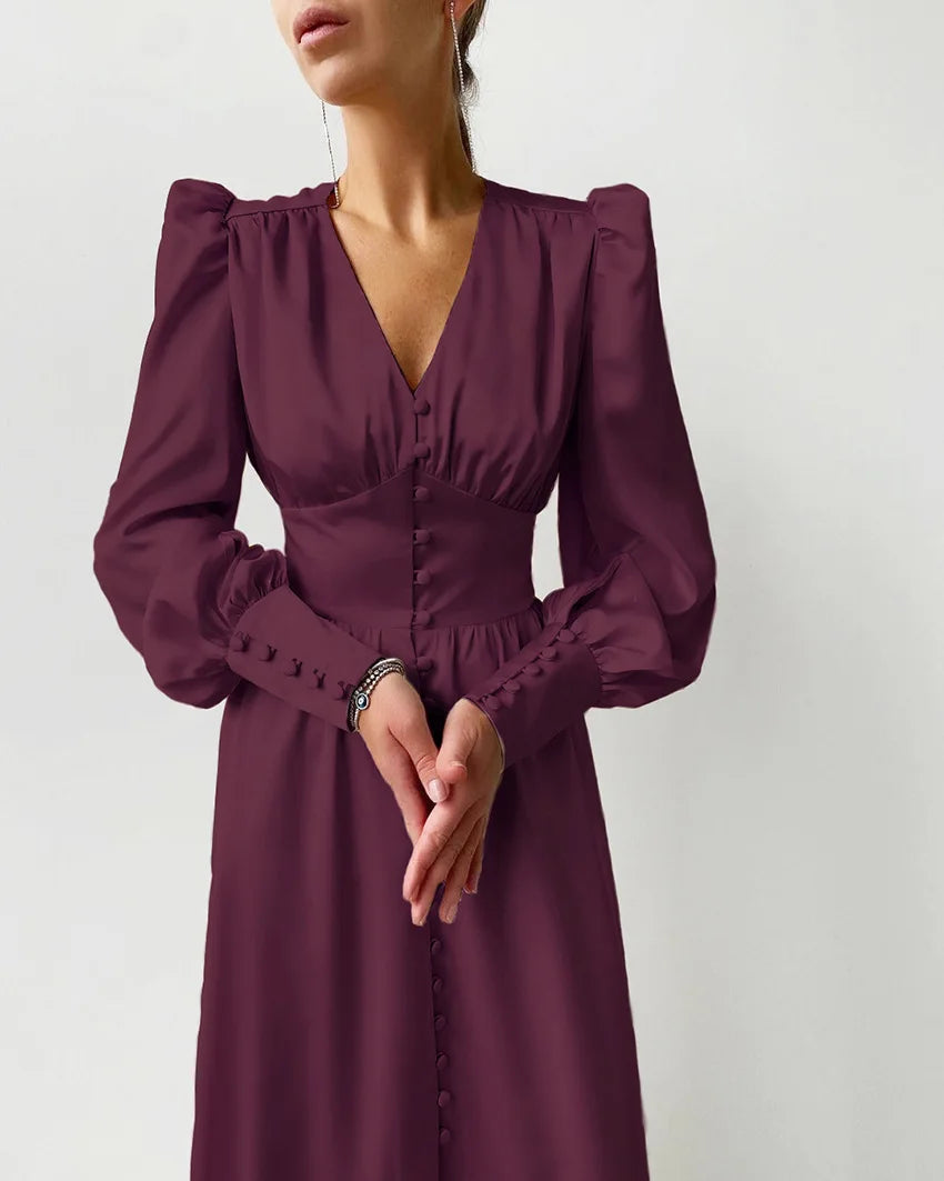 Autumn and Winter Women's Long Dress V-neck Satin Waist Retro Dresses for Women