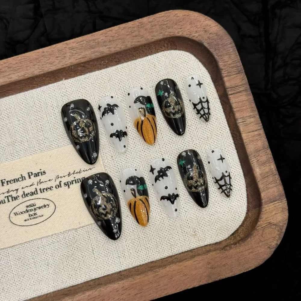 “Halloween Collection” Cross-Border Export Funny Pumpkin Halloween Atmosphere Handmade Nail Stickers, Press-On False Nails 10pcs