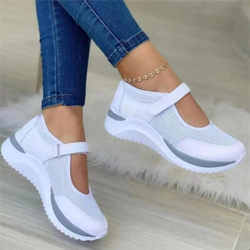 Women Shoes Thick Sole Single Shoes Round Toe Knitted Female Sneakers Walking Grid Casual Shoe Plus Size Women Vulcanized Shoes