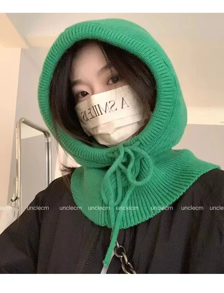 Winter Balaclava Hats For Men&Women Unisex Knitted Hooded Caps Outdoor Warmer Drawstring Hats One-Piece Neck Collar Beanies Cap