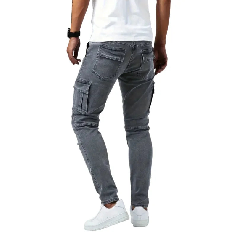Men Elastic Skinny Jeans Soild Denim Pants Slim Fit Casual Jeans Multi Pocket Cargo Pants Fashion Casual Trousers Man Clothing