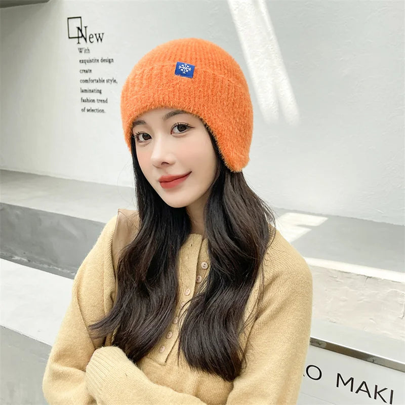 Winter Women Earflap caps Snowflake knitted hats Ear protection hats  Adult Ladies casual mohair beanie cap Gorros