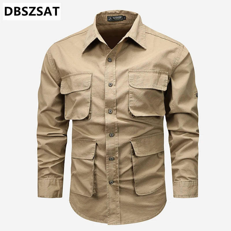Men 2026  Outdoor Shirts Male Cotton Multi-pocket Tooling Casual Shirts Good Quality Man Large Size Solid Long-sleeved Shirts