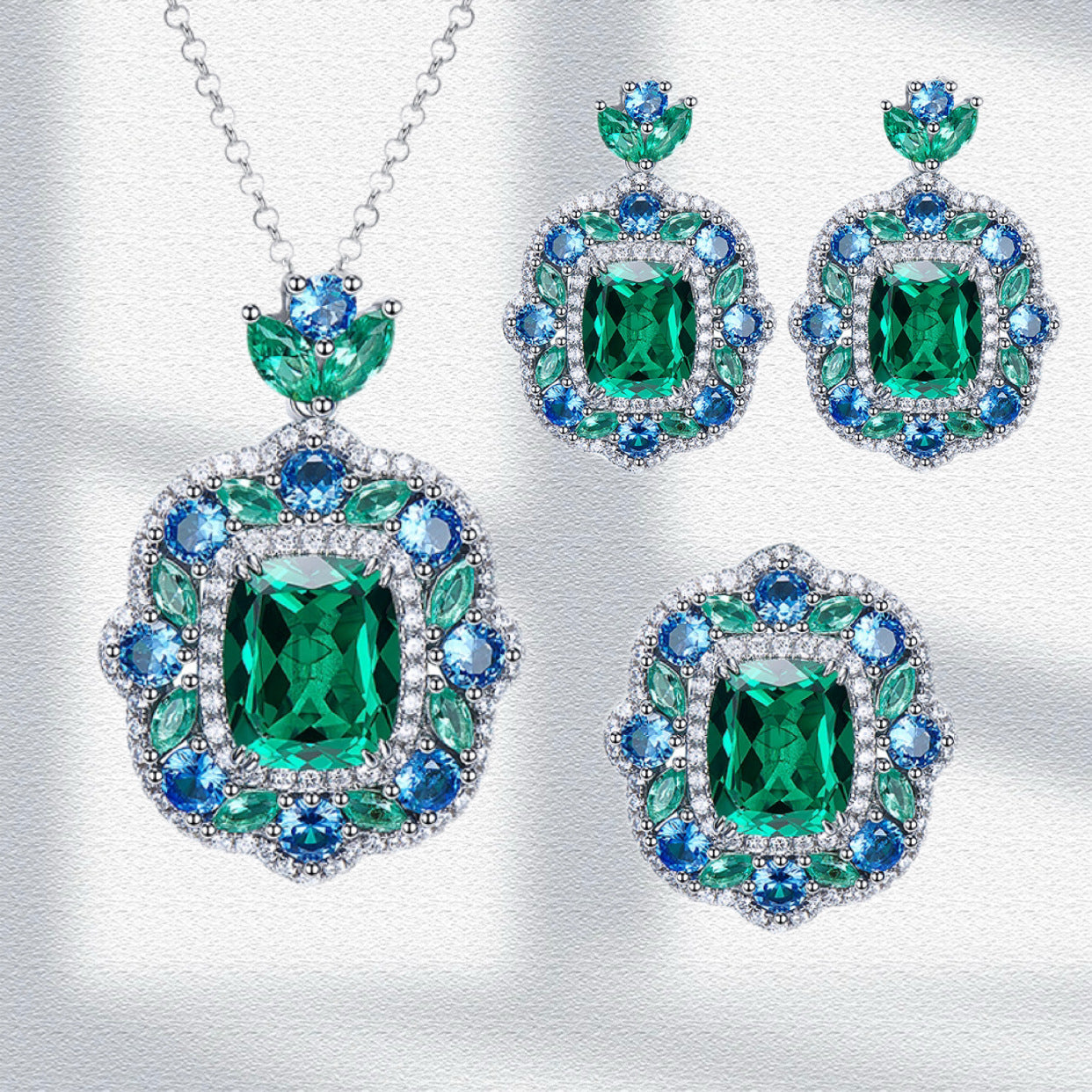 Luxury Lab Emerald Jewelry Sets S925 Silver Elegant Pendant Necklace Ring Earring for Women Gorgeous Wedding Party Fine Jewelry
