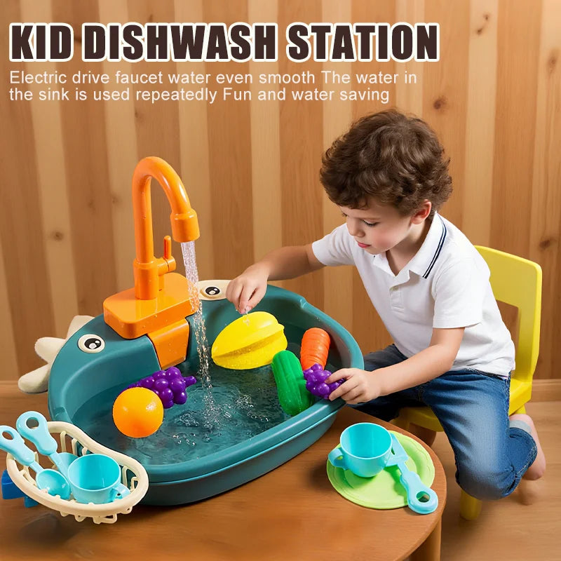 Kids Playhouse Kitchen Set Simulated Dishwasher Sink Hand Basin with Circulating Water Toddler Toys for Boys Girls and Role Play