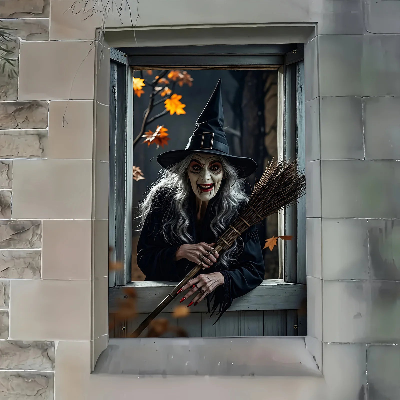 Halloween party, eerie witch window decoration with black cats and brooms, haunted house garden theme