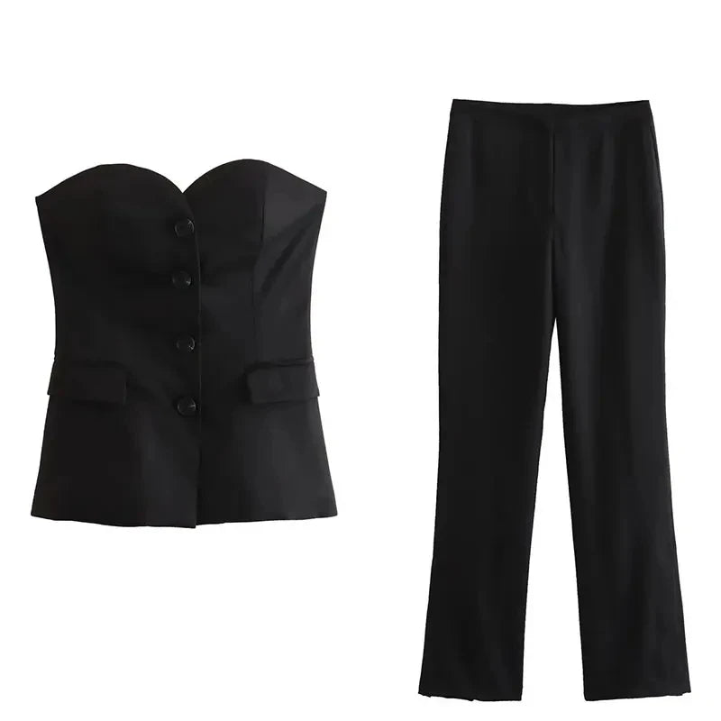 HH Women Elegant Solid Pant Suit Front Button Strapless Sexy Tank Tops + Side Slit Trouser Female Fashion Streetwear Sets
