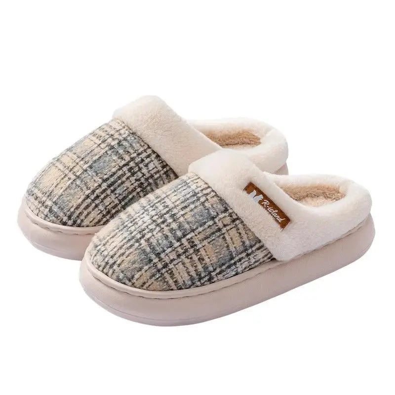 Winter Warm Slippers men for Women  grid House Non Slip Soft Shoes Comfort Flat Heel Home Indoor Bedroom Plush Slippers