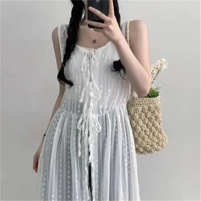 Embroidered Dress for Women in Summer Thin Lace up Layered Vest Long Cover Skirt