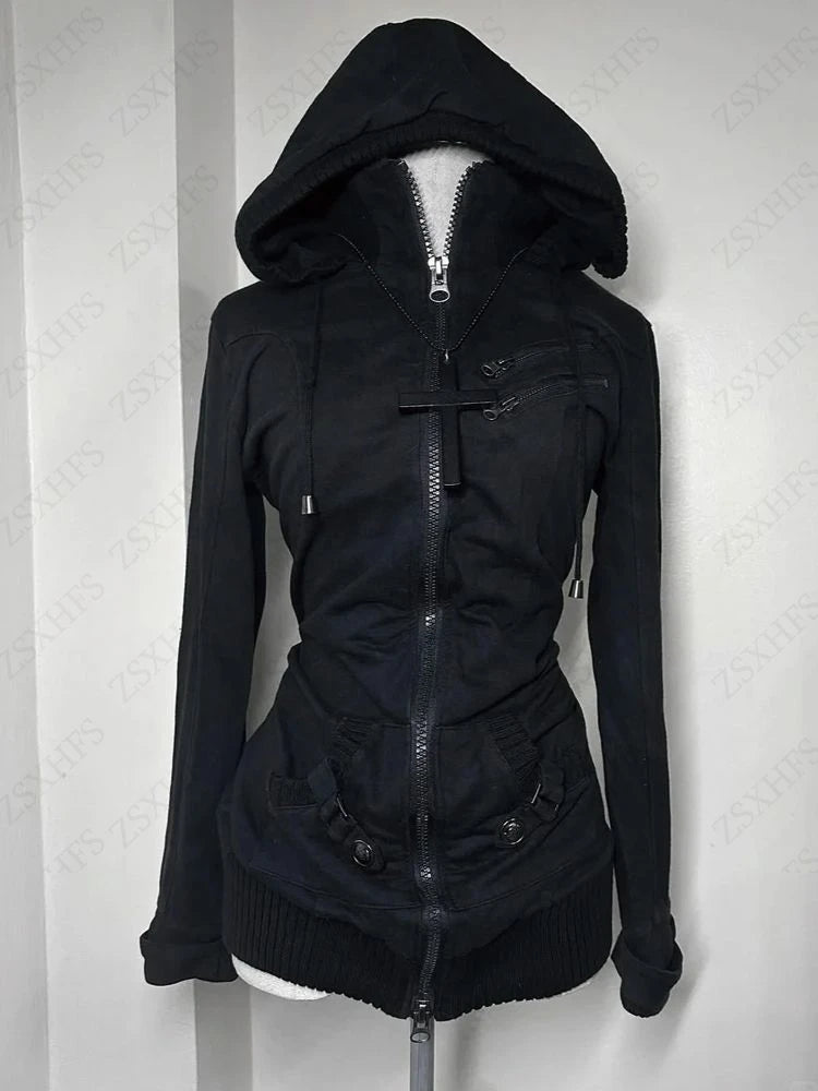 Women Black Punk Jacket Slim Casual Bomber Coat Lapel Zipper Long Sleeve Hoodie Vintage Lady Motorcycle Outwears Hip hop Jacket
