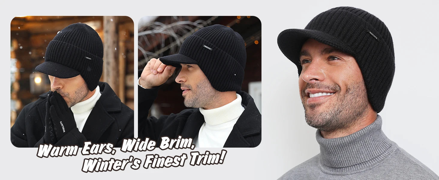 Winter Beanie with Brim and Ear Flaps, Outdoor Warm Fleece Lined Knit Hat Stocking Caps for Men Women bucket hat  winter hat